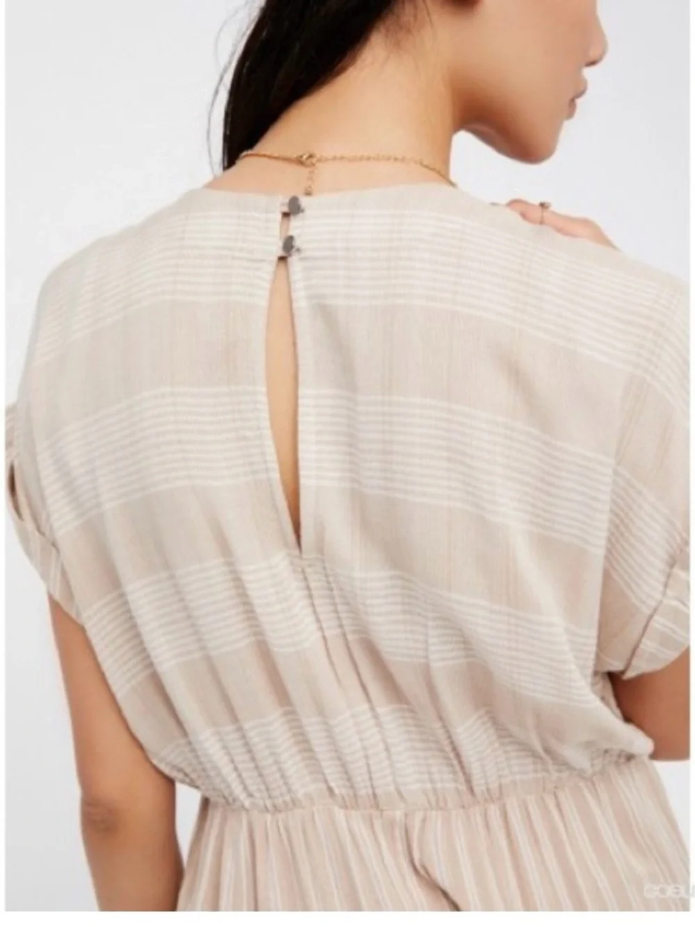 **NWT** Free People Neutral Striped V-Neck Jumpsuit Sz S pockets rolled Sleeve